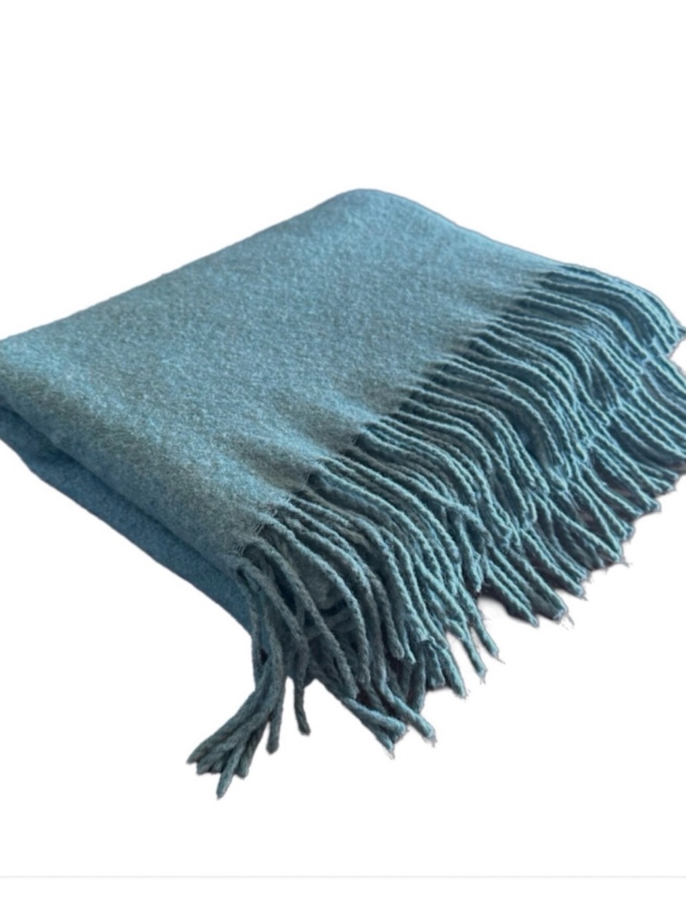 HALSTON Teal Blue Wool Blend Large Scarf 28”x 80” Vintage Winter Outdoor Fringe